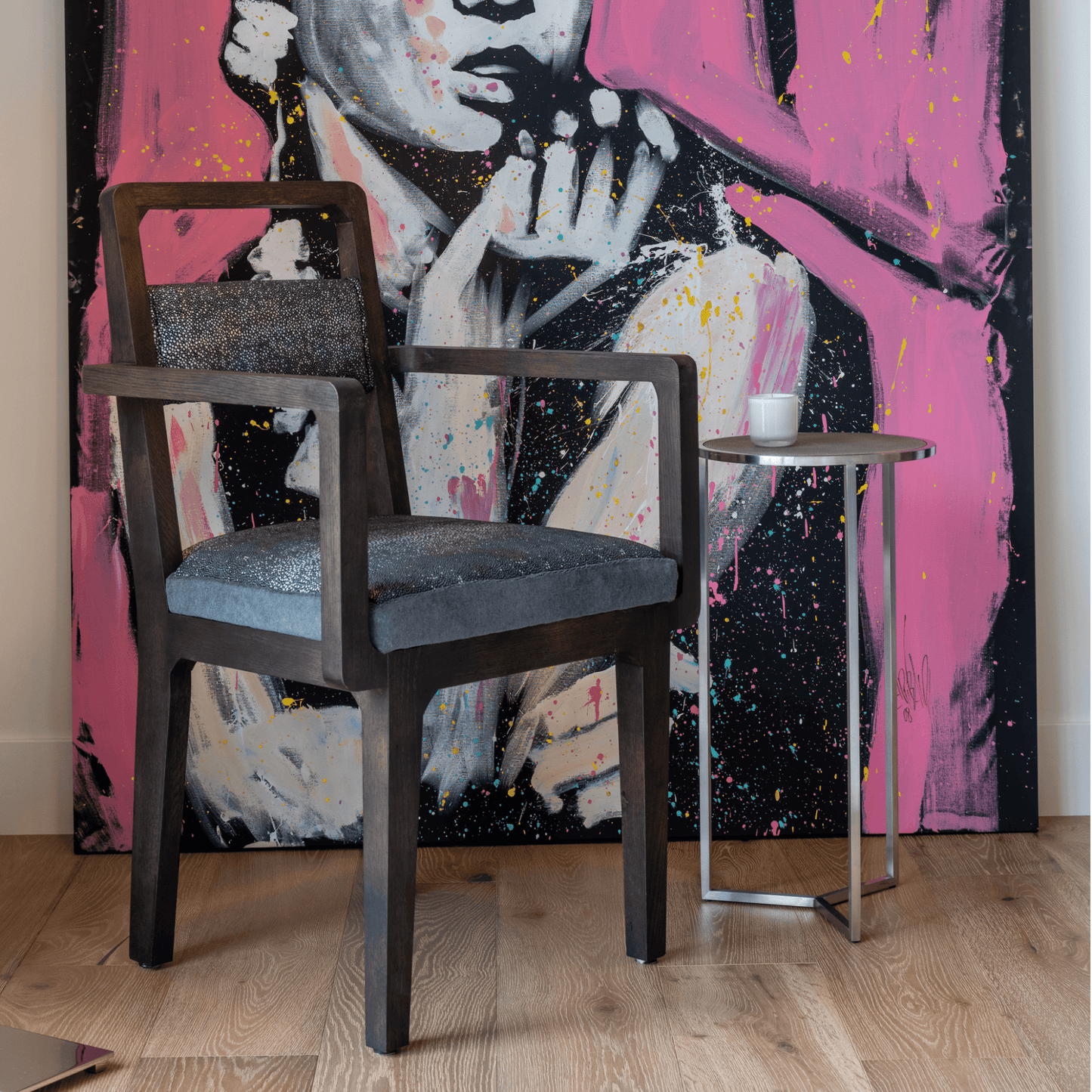Ashley Yeates, renowned interior designer and sustainable leader, presenting the Caroline Arm Chair, a signature design crafted from eco-friendly materials that combines elegance with environmental responsibility