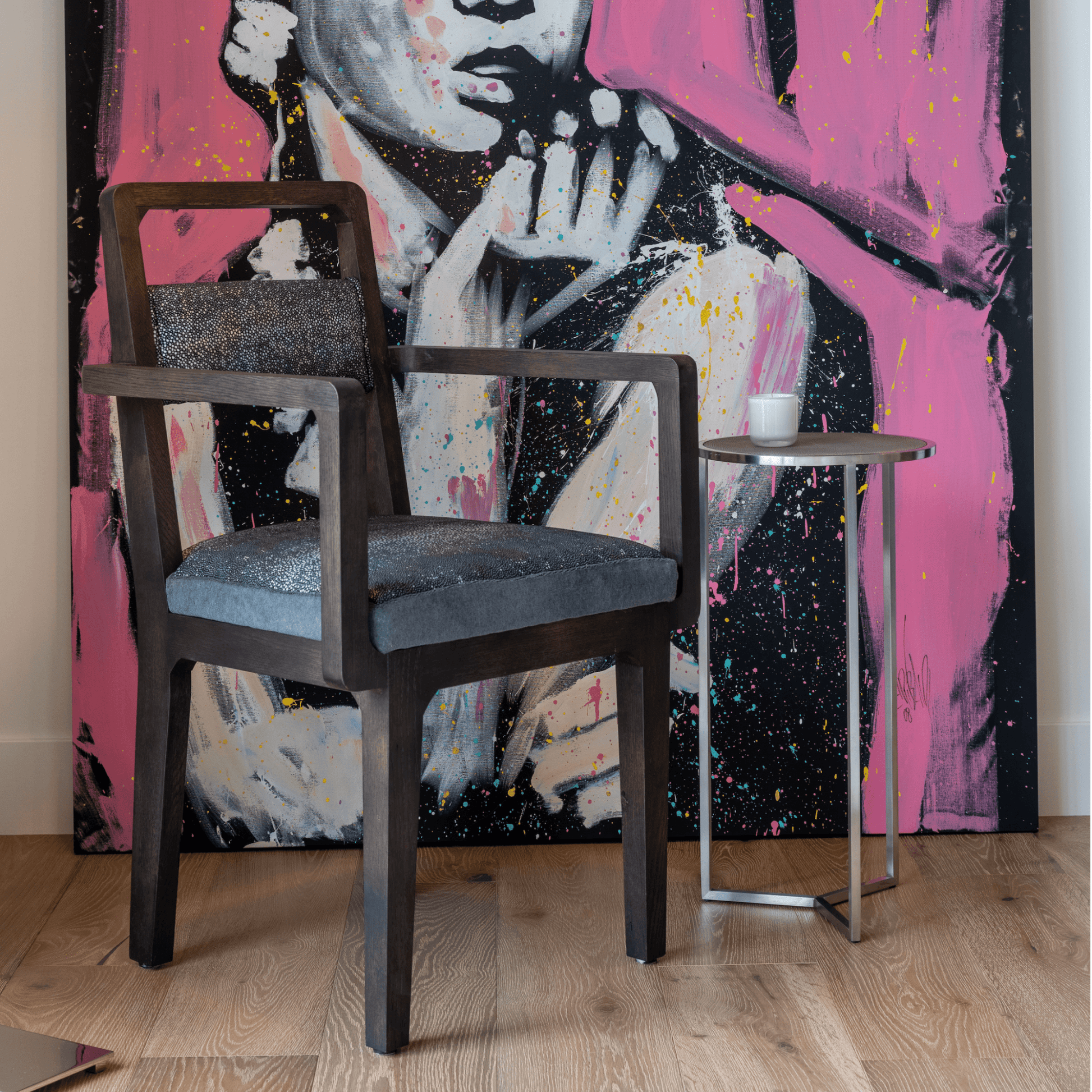 Ashley Yeates, renowned interior designer and sustainable leader, presenting the Caroline Arm Chair, a signature design crafted from eco-friendly materials that combines elegance with environmental responsibility